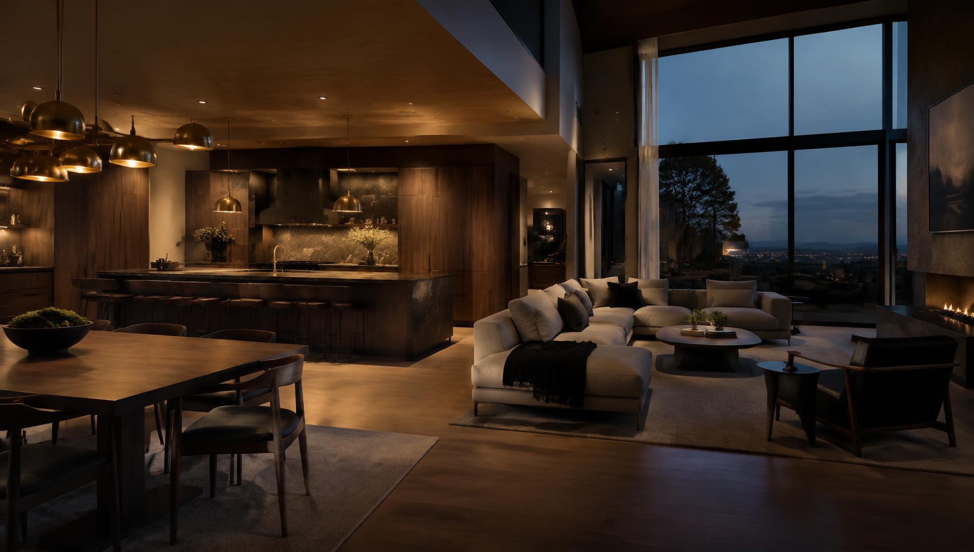 Luxury remodeled open-plan kitchen and living room at dusk
