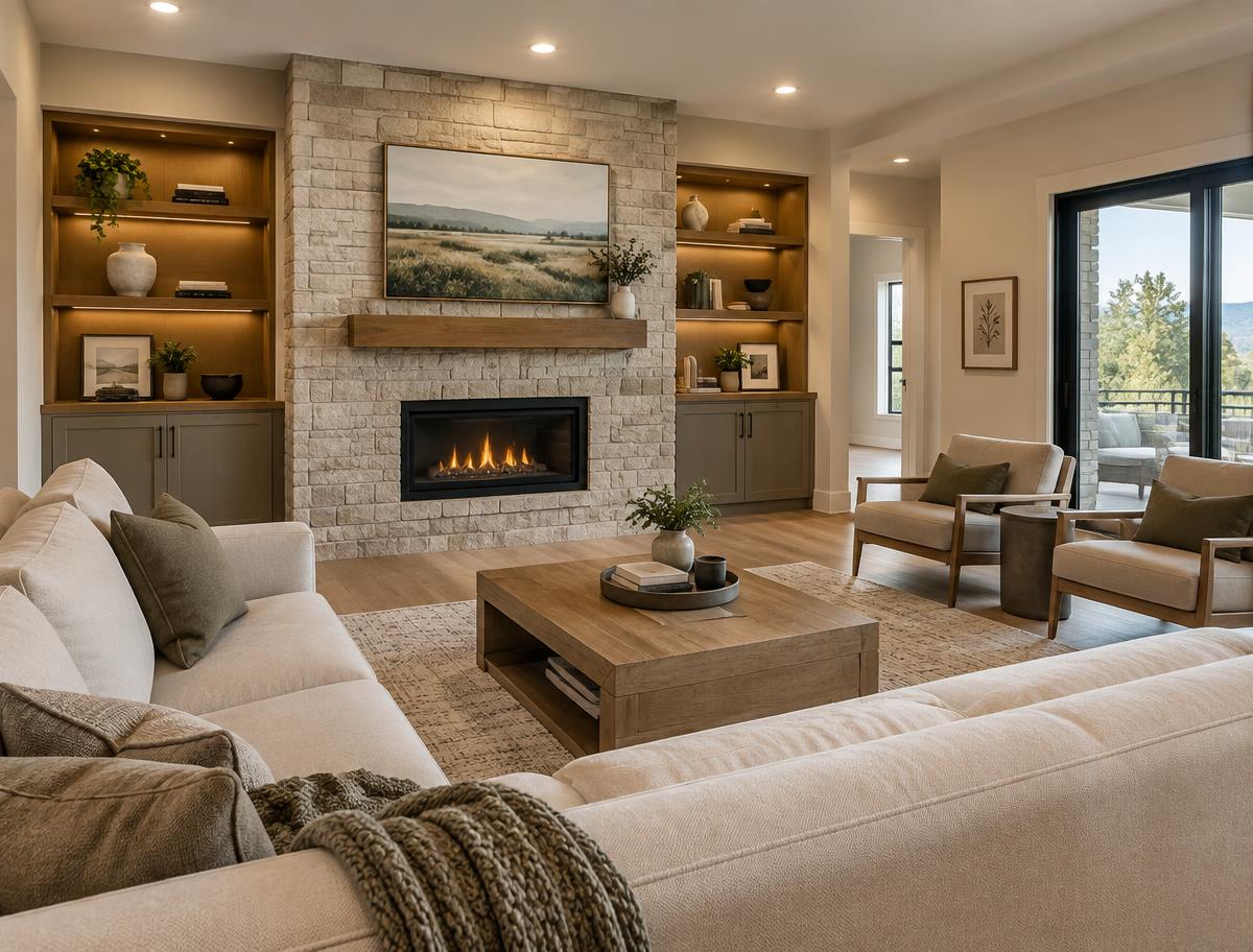 After: Stone Fireplace Living Room